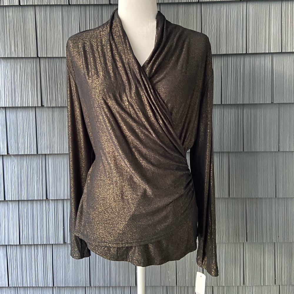 Prima Bella long sleeve Large Shimmer Wrap Top NWT black and Gold Slinky stretch